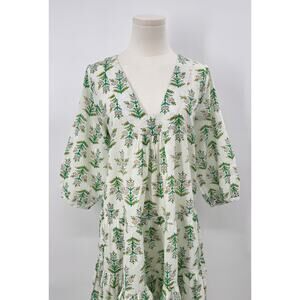 Pink Chicken Indira Green Block Print Floral Mini Dress Cotton Short Peasant S